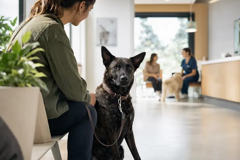 Holländischer Schäferhund sitzt ruhig neben seinem Besitzer im hellen Wartezimmer einer modernen Tierarztpraxis.